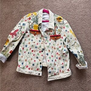 Cream Floral Embroidered Denim Jacket